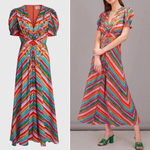 SALONI Lea Striped Silk Crepe Dress Rainbow Stripe Star Print Midi Size 12